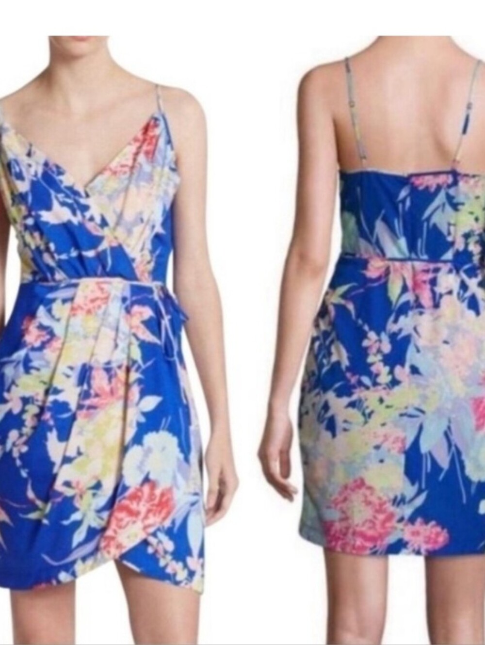Yumi Kim Jayne Faux Wrap Mini Dress In a Vibrant Blue Floral Hawaiian Size XS